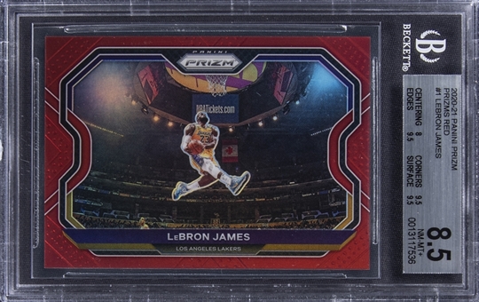 2020-21 Panini Red Prizm #1 LeBron James (#172/299) Iconic Kobe Dunk Tribute Image - BGS NM-MT+ 8.5 (Three GEM MINT 9.5 Subgrades)